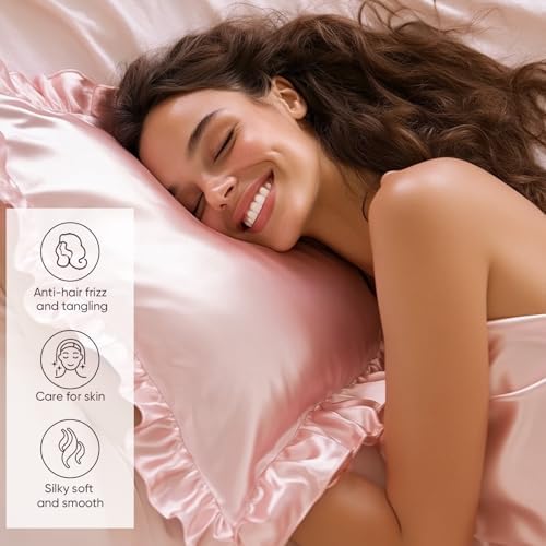 Ruffle Satin Pillowcase for Hair Skin Blush Pink 20x54 Inches