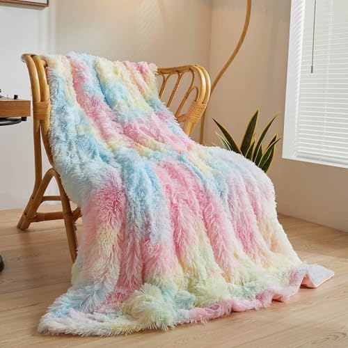 XeGe Plush Faux Fur Rainbow Throw Blanket 1