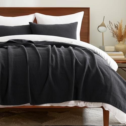 EVERGRACEHOME Cotton Coverlet Set King 3 Pieces Washed Black