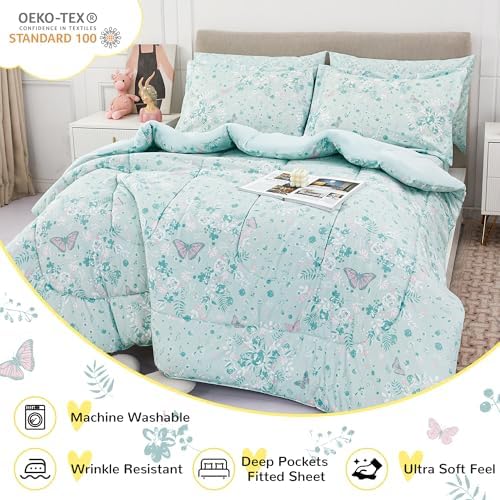 Viviland Twin Butterfly Comforter Set - Pale Green Kids Bedding 5 Piece Set
