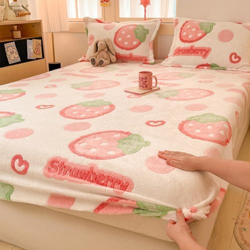 MorroMorn Fleece Queen Fitted Sheet - Pink Strawberry Kawaii 20 Deep Pocket
