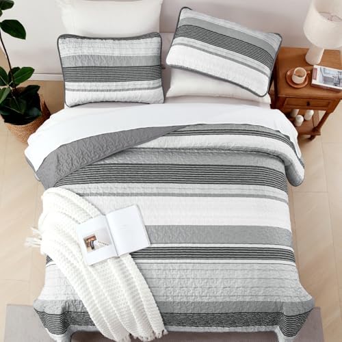 Djoymock Grey Striped Quilt Set 3 Piece Queen Size