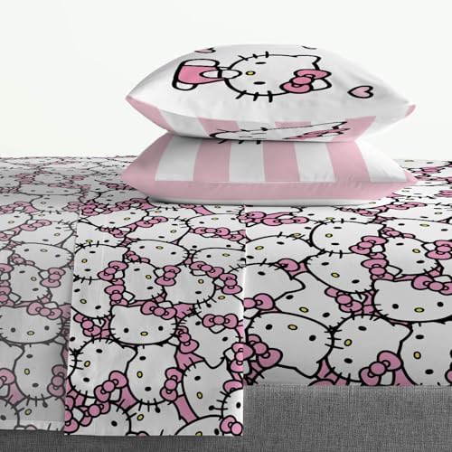 Jay Franco Hello Kitty Pink Stripes Hearts Sheet Set - 4 Piece Microfiber Bedding