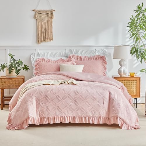 Flysheep Blush Pink Tufted Ruffle Comforter Set Twin Size