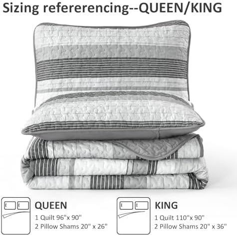 Djoymock Grey Striped Quilt Set 3 Piece Queen Size