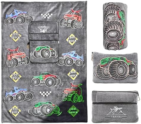 HWING Glow in the Dark Truck Travel Blanket Pillow