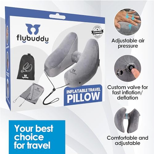 FlyBuddy Inflatable Neck Pillow for Traveling with Travel Bag and Hood - Grey
