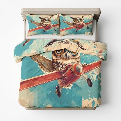 Twin Duvet Cover Owl - Airplane Cartoon Kids Pattern Bedding Set 3 Piece