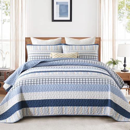 DJY Navy Blue Striped Quilt Set 3 Piece Queen Size