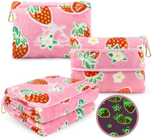 Glow in The Dark Strawberry Travel Blanket and Pillow Set