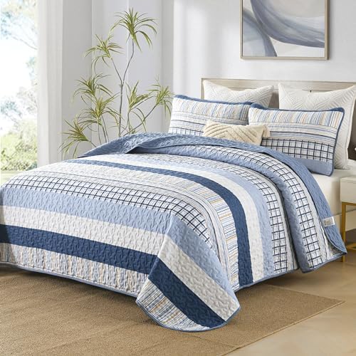 DJY Navy Blue Striped Quilt Set 3 Piece Queen Size