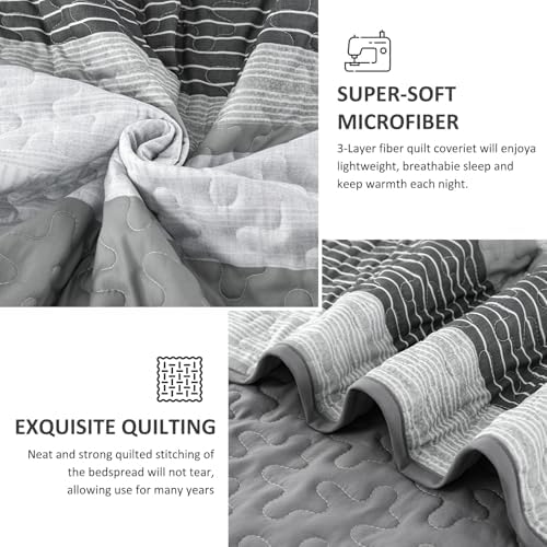 Djoymock Grey Striped Quilt Set 3 Piece Queen Size