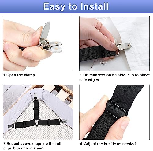 Attmu Bed Sheet Straps 6-Pack Black Adjustable Clips