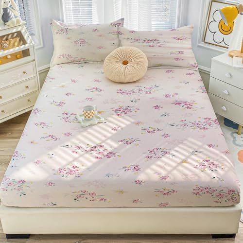 MorroMorn Queen Fitted Sheet with Deep Pocket - Pink Flowers Microfiber