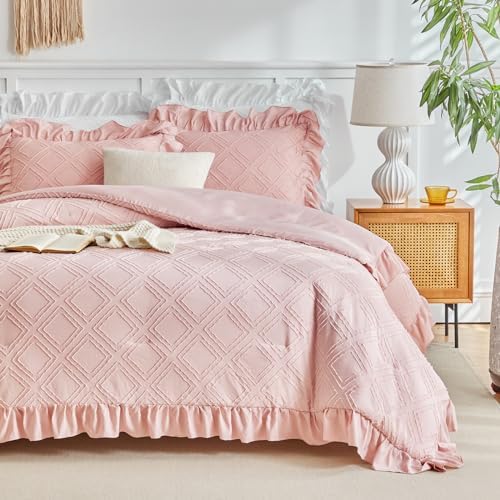 Flysheep Blush Pink Tufted Ruffle Comforter Set Twin Size