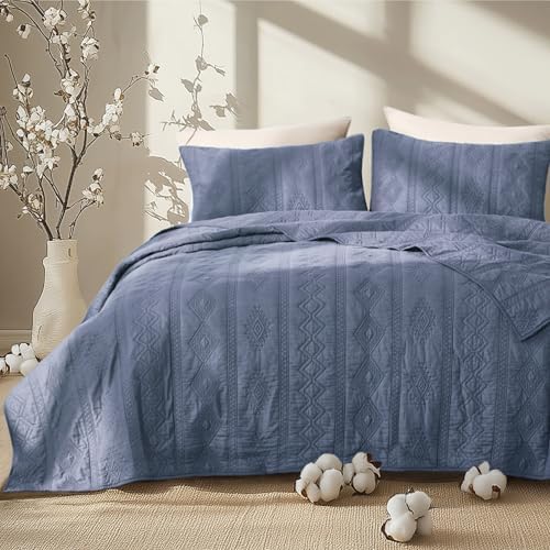 Bedsure 100 Cotton Quilt Set Queen Navy Blue Geometric 3-Piece