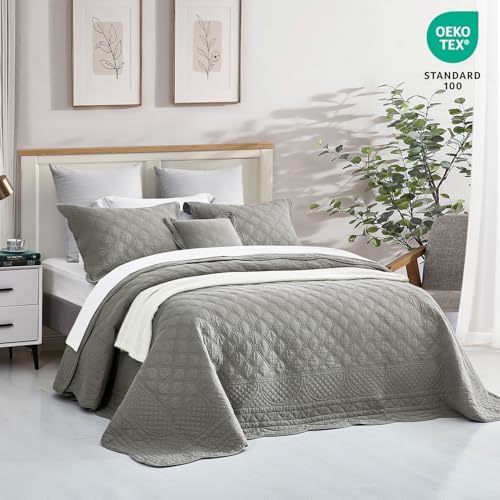 CHIXIN Oversized Cotton Bedspread - 3 Piece Set Grey King Size