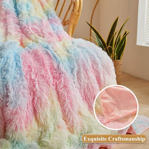 XeGe Plush Faux Fur Rainbow Throw Blanket 1
