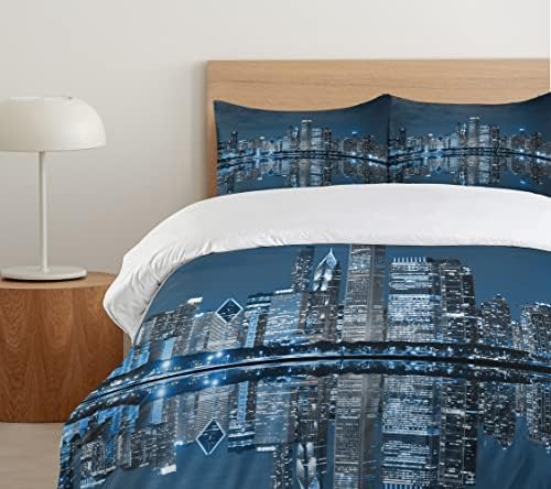 Ambesonne Chicago Skyline Duvet Cover Set King Size Dark Blue