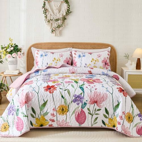 Anibedding King Size Quilt Set with Reversible Pink Floral Coverlet