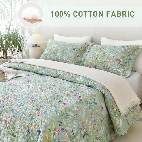 Lady Ann Green Floral 100 Cotton King Quilt Set