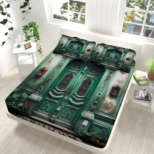 Full Fitted Sheet Set - Green Retro European Style 4 Piece