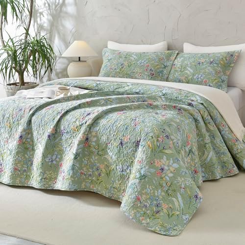 Lady Ann Green Floral 100 Cotton King Quilt Set