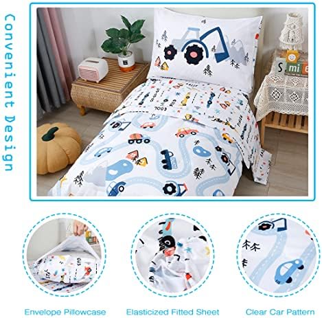 PERFEMET Car Toddler Bedding 4 Piece Set for Boys and Girls