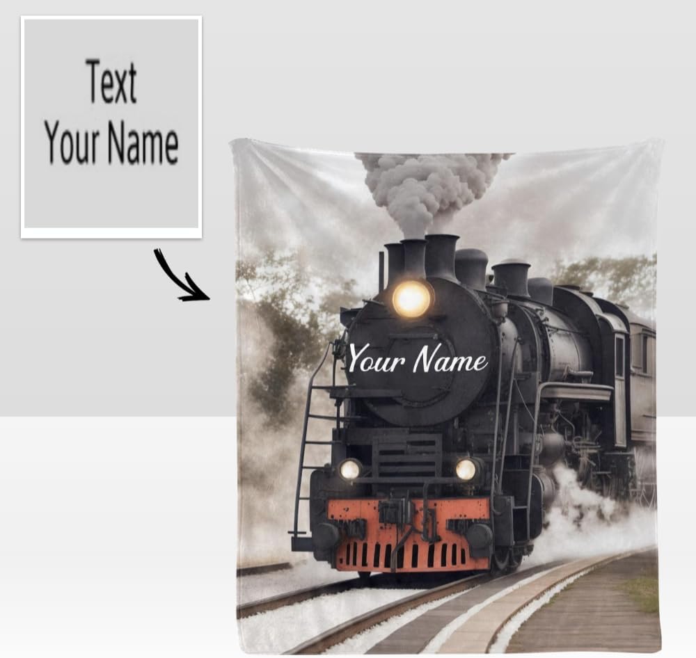 Custom Blanket with Name Text Personalized Retro Steam Train Fleece Throw