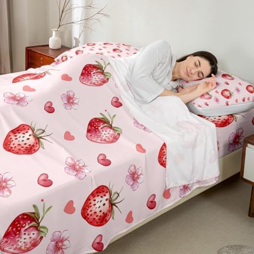 Jejeloiu Strawberry Bed Sheet Set King Size Kawaii