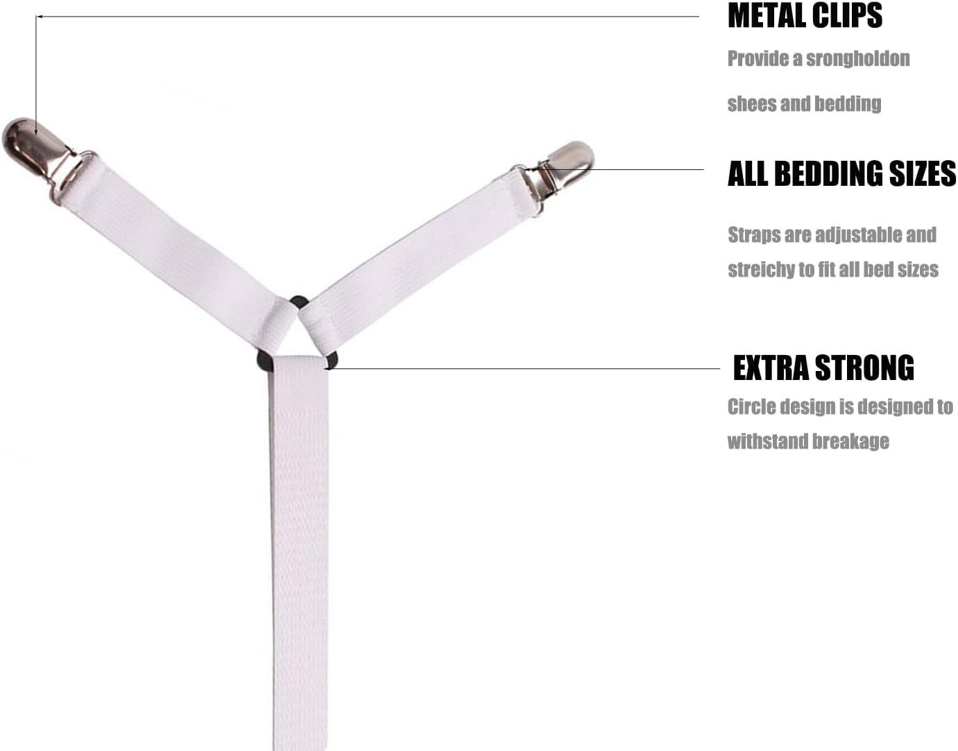 Adjustable Elastic Sheet Straps with Metal Clips 3 Way White