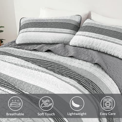 Djoymock Grey Striped Quilt Set 3 Piece Queen Size