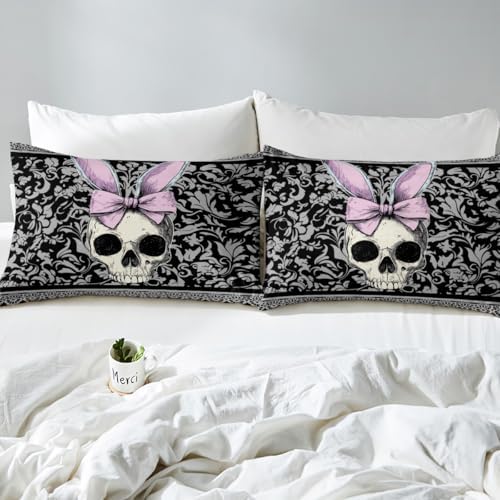 Homewish Black Grey Damask Bedding Set Twin Size 3Pcs