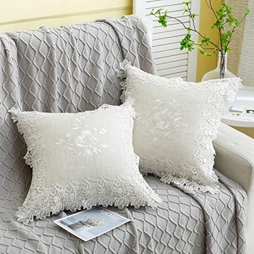2 Pack Embroidered Spring Floral Throw Pillow Covers 18x18 Inches