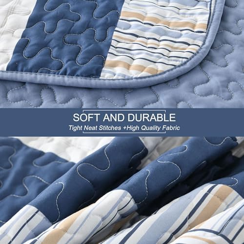 DJY Navy Blue Striped Quilt Set 3 Piece Queen Size