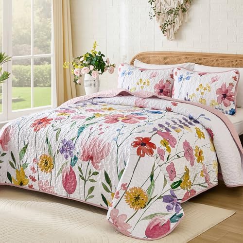 Anibedding King Size Quilt Set with Reversible Pink Floral Coverlet