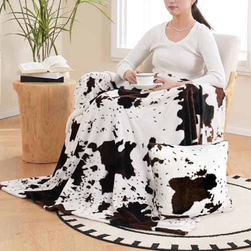 Vessia Throw Blanket Cow Black Brown with Pillow Cover