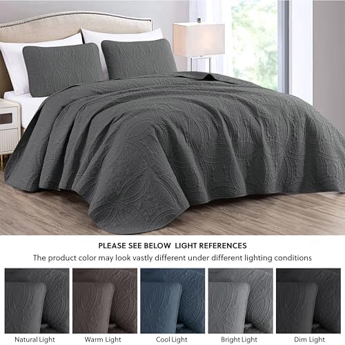 Chezmoi Austin 3-Piece Oversized Bedspread Set Queen Charcoal 1