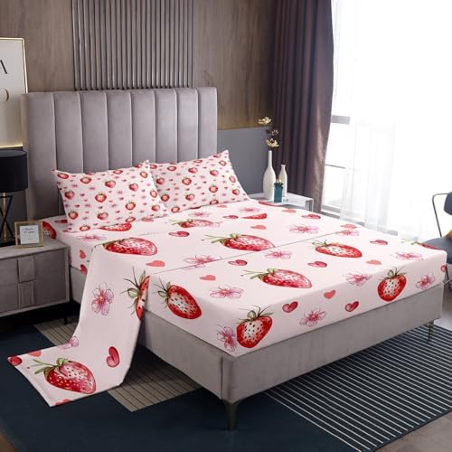 Jejeloiu Strawberry Bed Sheet Set King Size Kawaii