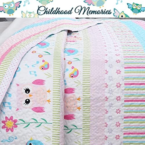 Happy Owl Pink Reversible Quilt Bedding Set Twin 2 Piece