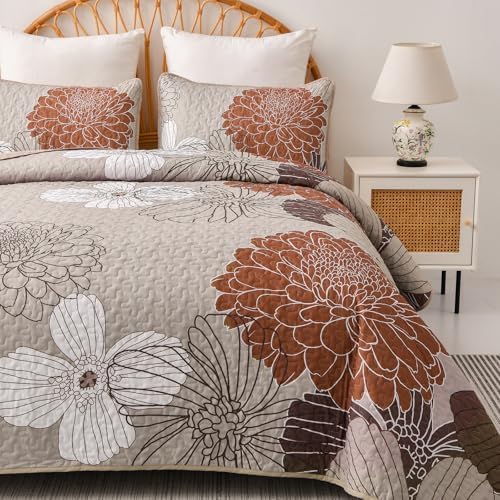 Anibedding King Quilt Set Brown Floral Pattern 3 Piece 1