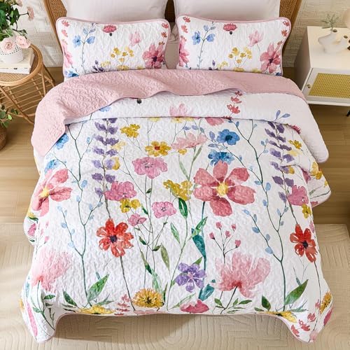 Anibedding King Size Quilt Set with Reversible Pink Floral Coverlet