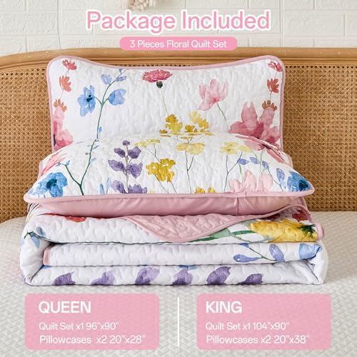 Anibedding King Size Quilt Set with Reversible Pink Floral Coverlet