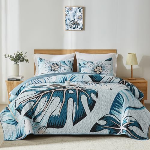 Yogeneg Light Blue Botanical King Quilt Set 3 Piece