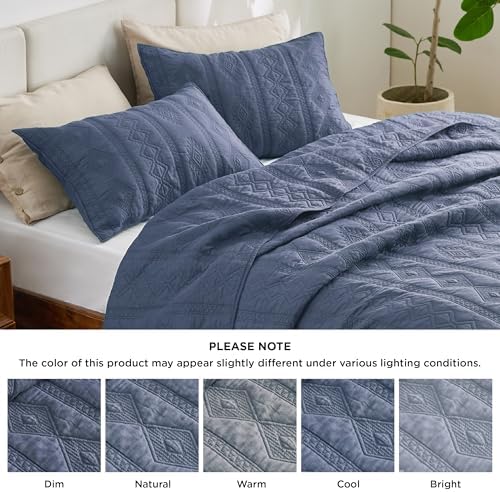 Bedsure 100 Cotton Quilt Set Queen Navy Blue Geometric 3-Piece