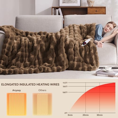 Anysay Heated Blanket Throw 6 Hours Auto-Off 10 Heat Levels Brown