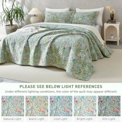 Lady Ann Green Floral 100 Cotton King Quilt Set
