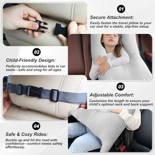 Kids Car Pillow for Travel - Crash-Safe Breathable Support Grey 1