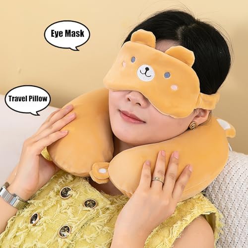 Kids Travel Neck Pillow with Sleep Mask - Grey Cat Design