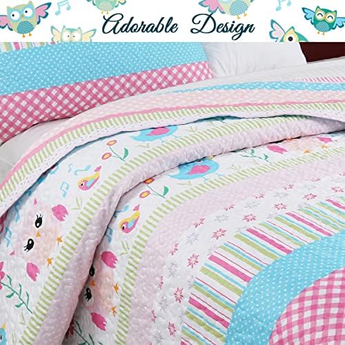 Happy Owl Pink Reversible Quilt Bedding Set Twin 2 Piece
